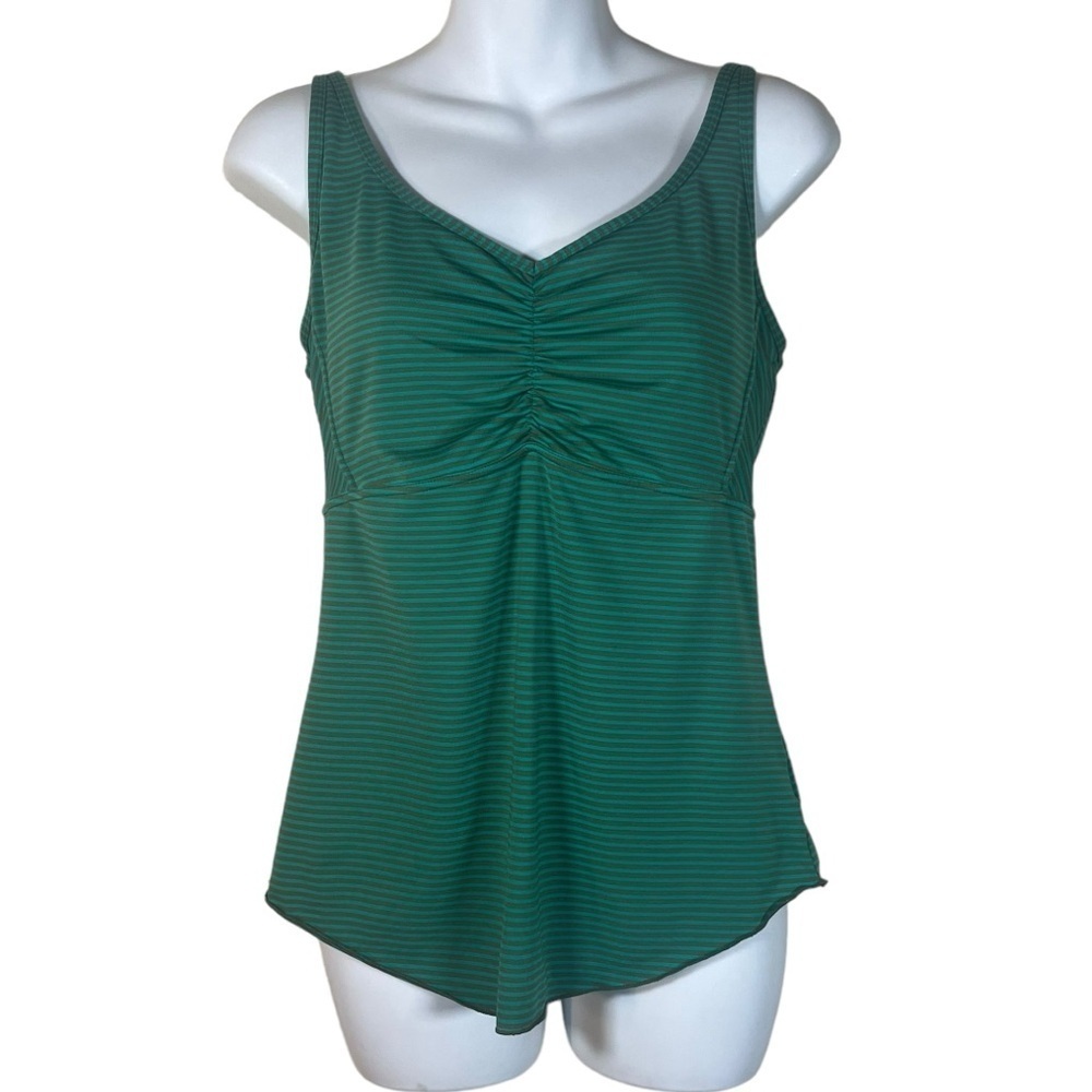Prana built-in bra strappy back tank top in green turquoise stripes size L